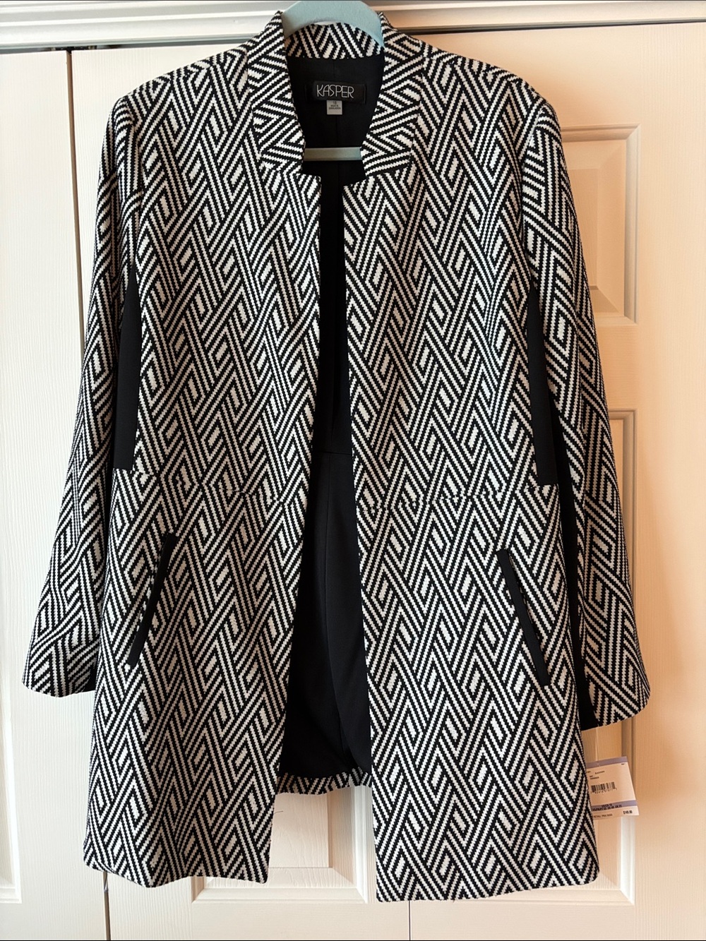 Kasper Black & White Geometric Collarless Pea Coat and Side Pockets